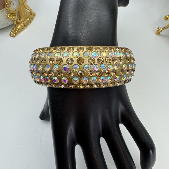 Chunky Gold Lucite Acrylic & AB Rhinestones Encrusted Bangle Bracelet Wide Cute - Picture 2 of 7